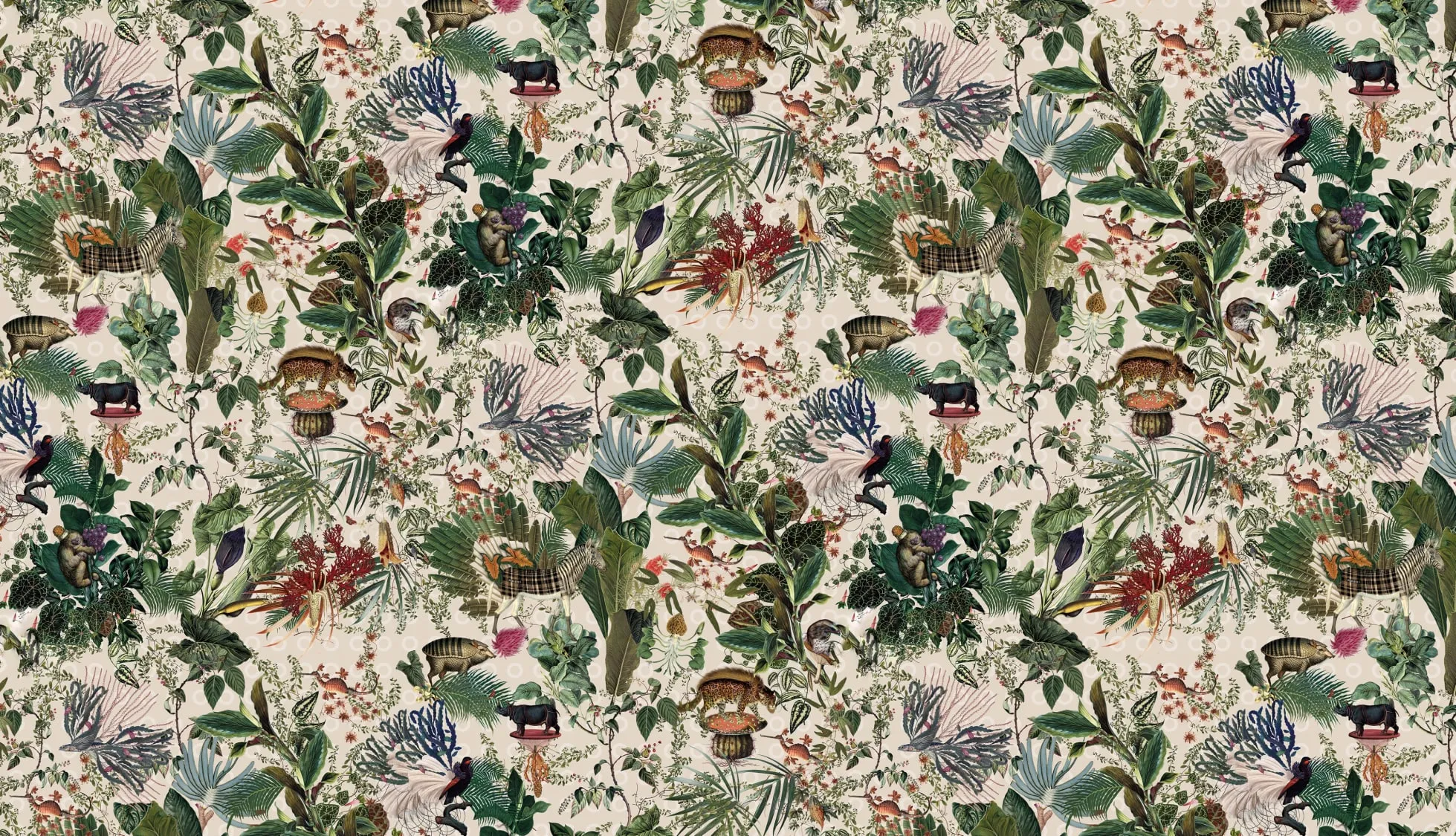 Intricate wallpaper pattern with various tropical plants, flowers, and animals including leopards, birds, monkeys, and butterflies on a beige background.